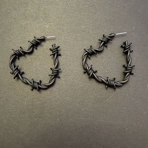Black barbed wire heart hoop earrings